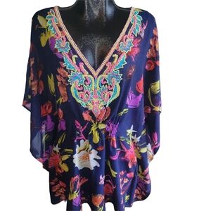 Lucky & Coco Blue Floral Print Beaded V Neck Kaftan Style Beach Cover Up